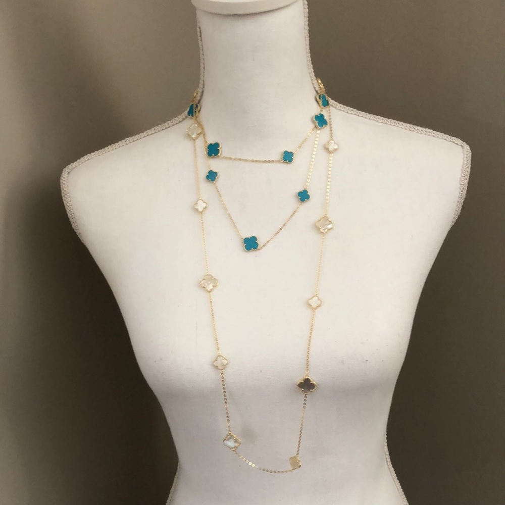 Genuine NWT turquoise clover station necklace on long gold over sterling chain - Picture 4 of 10